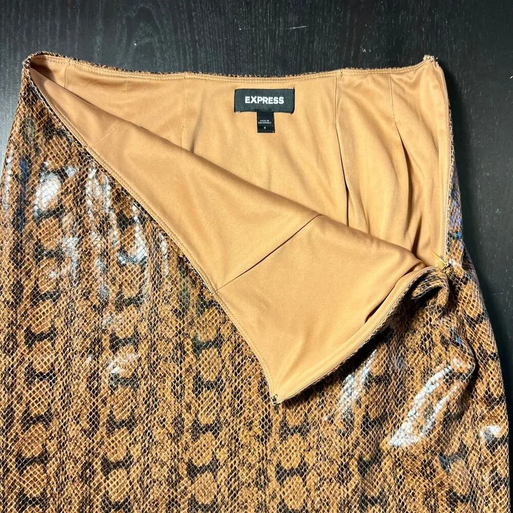 Express Sz 4 Faux Snakeskin Leather Pencil Straight Skirt Brown Black Side Slit